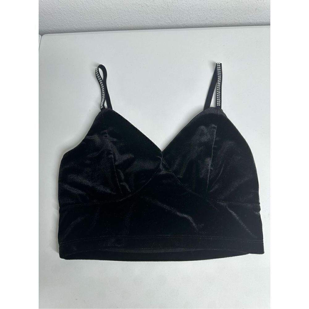 No Comment Velvet Bra Top Rhinestones Straps Black Size S